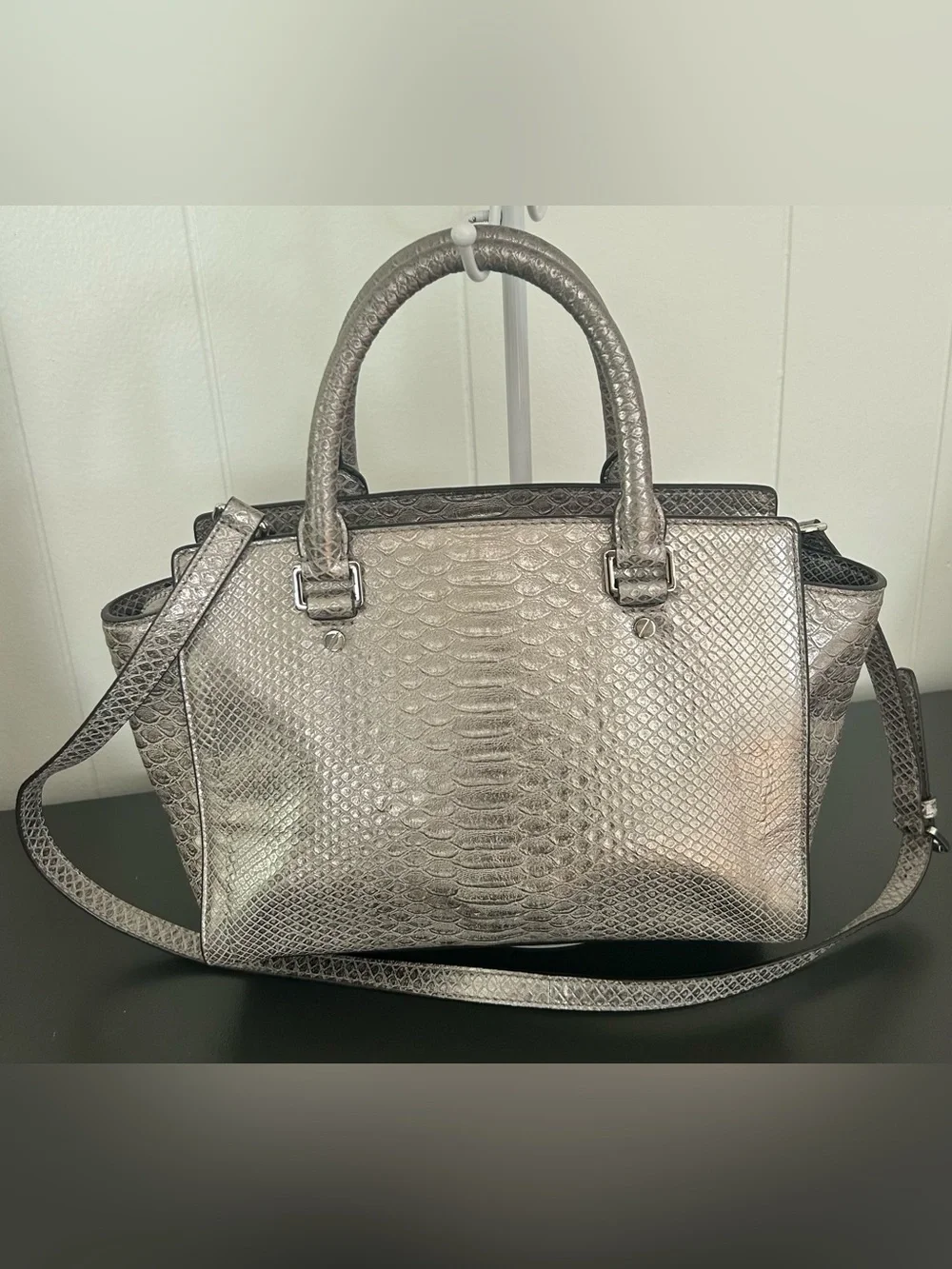 Michael Kors Metallic Silver Snake Print Satchel Crossbody Shoulder Bag